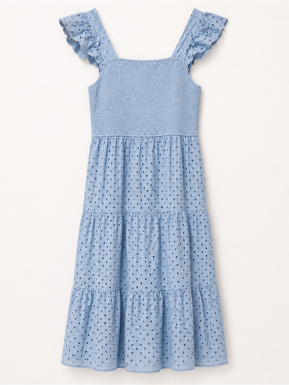 PRETTY-GARDEN Square Neck Maxi Dress Cap Sleeve Eyelet Smocked Tiered SM - Picture 5 of 9